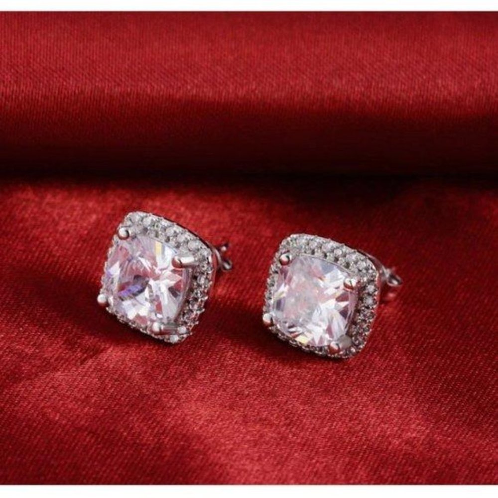 NEW Silver Cushion Diamond Halo Stud Earrings - Picture 4 of 7